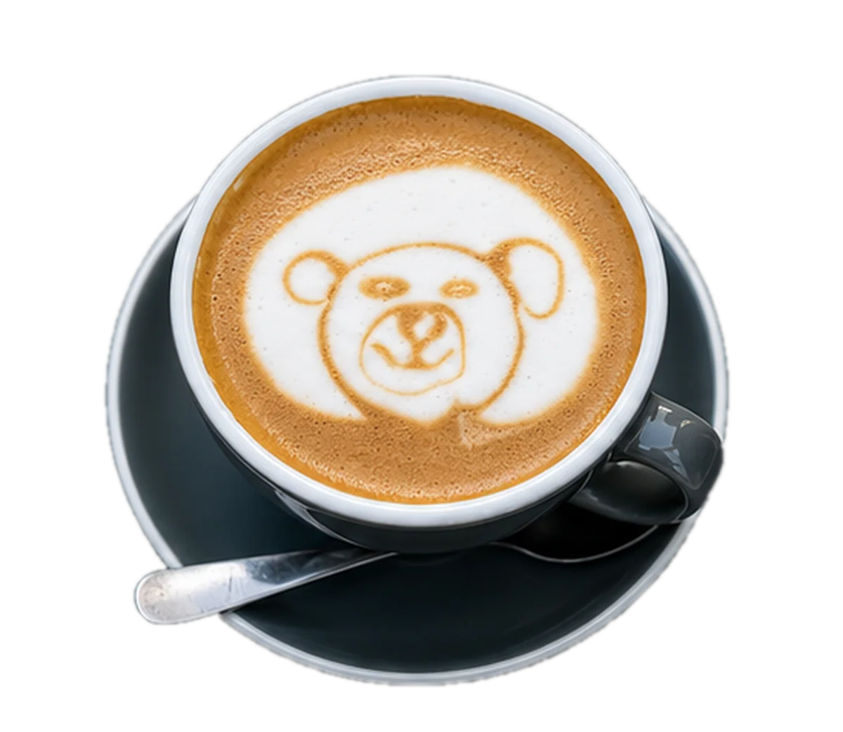 Bear latte art in a dark cup